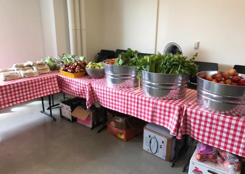 A table covered by a plaid tablecloth, lined with bowls of apples, carrots, leafy vegetables, and bags of grains/rice. 