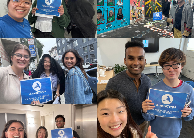 A collage of multiple AmeriCorps members holding signs that read "an AmeriCorps Member Serves Here."