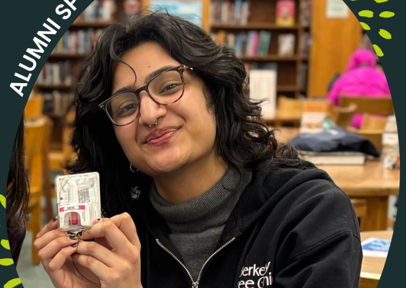 The image is an edited Canva image title Alumni Spotlight. In the middle is a headshot of Saadhana Deshpande holding up naloxone. Below is a caption stating "Saadhana Deshpande, NHC SF 2021-2022; 2022-2023".