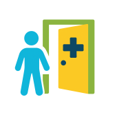 person in front of door with medical cross