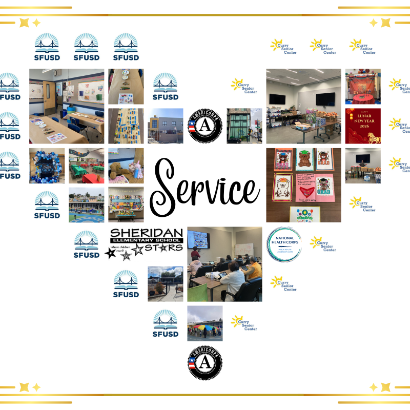 A collage in the shape of a heart made with photos from Sabrina's experiences as an AmeriCorps and NHC member across 2 different years, demonstrating the "heart for service".