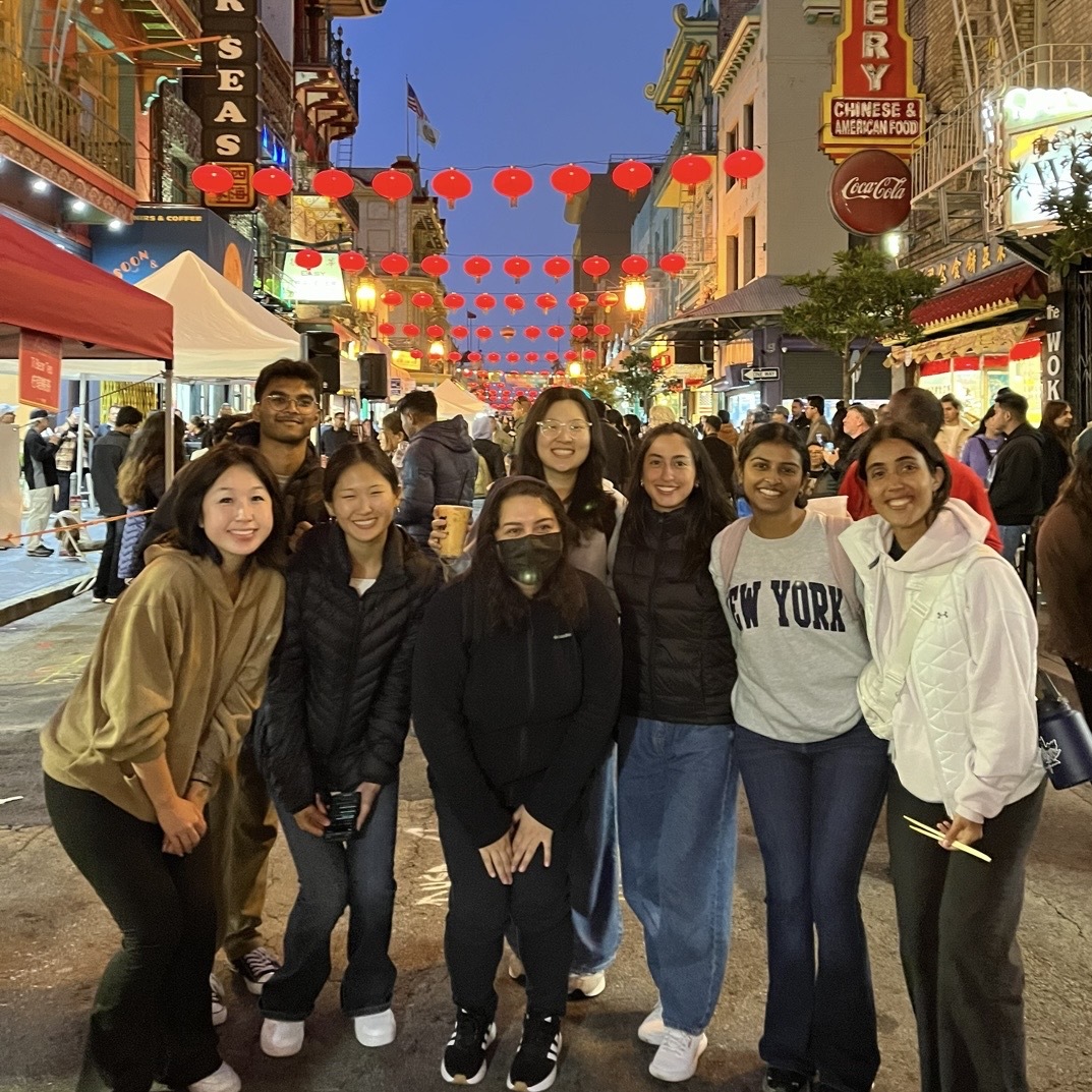 From left to right, members Lilian, Shreyas, Megan, Melanie, Jamie, Laura, Nivedha, Anjalie pose in the center of the frame at the Night Market in Chinatown.