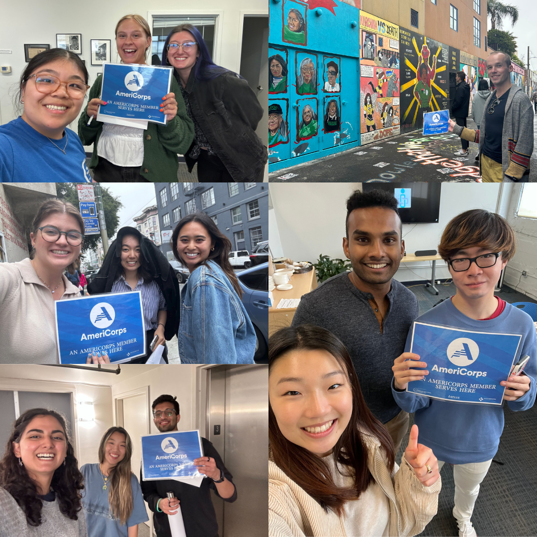 A collage of multiple AmeriCorps members holding signs that read "an AmeriCorps Member Serves Here."